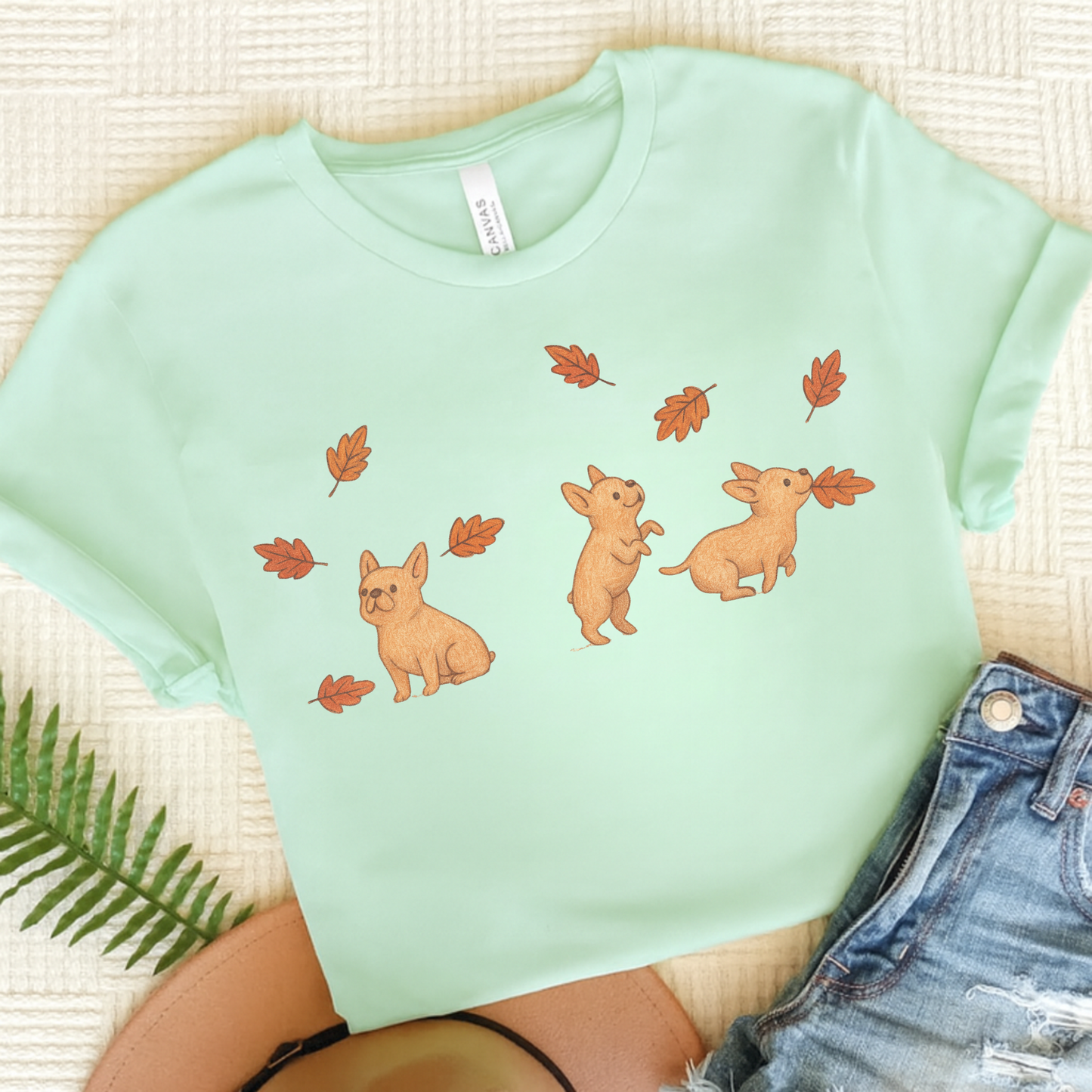 Fawn Frenchie Chasing Leaves TShirt Heather Mint