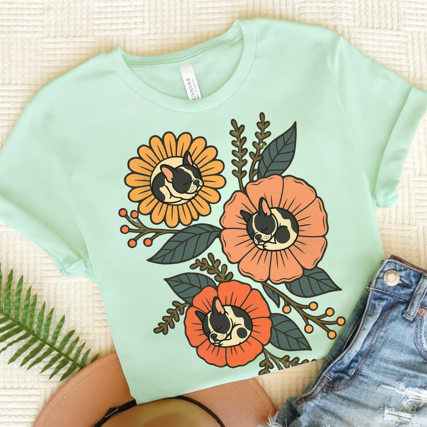 Piebald Frenchie Sleeping Flowers TShirt Heather Mint