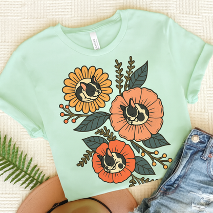 Piebald Frenchie Sleeping Flowers TShirt Heather Mint