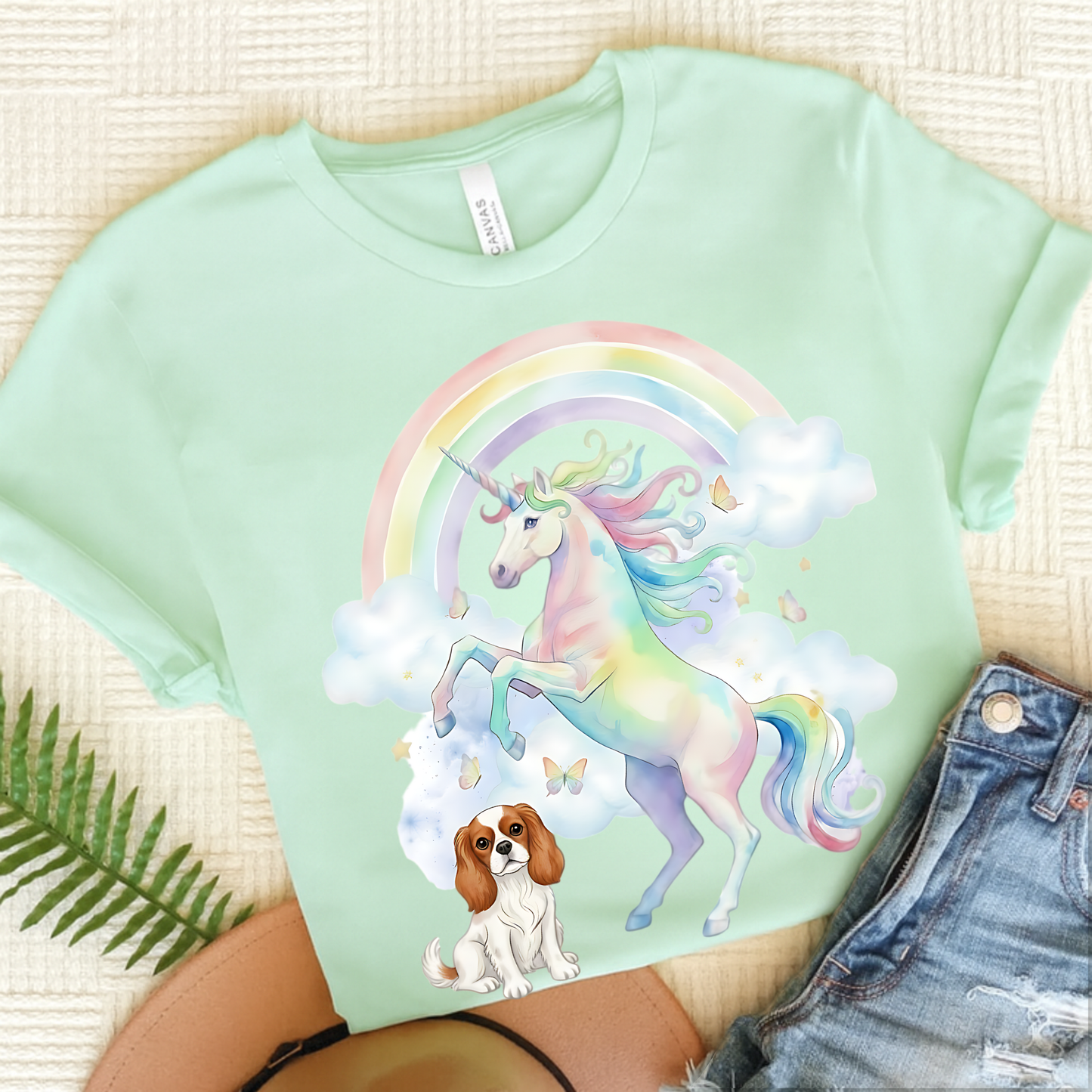 Blenheim Cavalier Watercolor Unicorn Tshirt Heather Mint