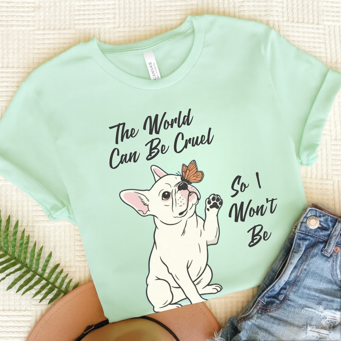 Cruel World White Frenchie Tshirt Heather Mint