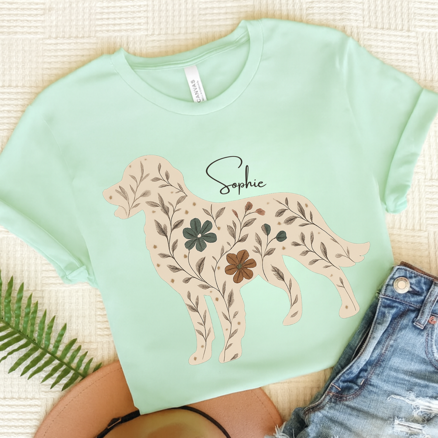 Golden Retriever Floral Silhouette TShirt Heather Mint