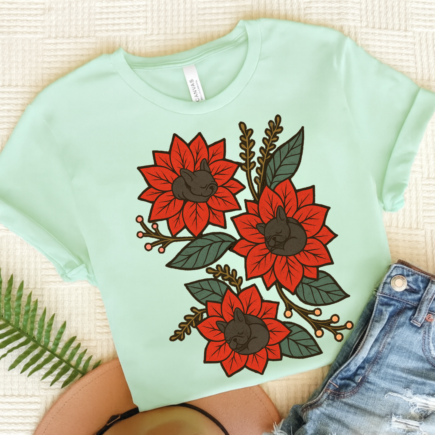 Black Frenchie Holiday Flowers Sleeping TShirt Heather Mint