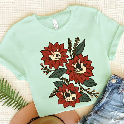 Piebald Frenchie Holiday Flowers Sleeping TShirt Heather Mint