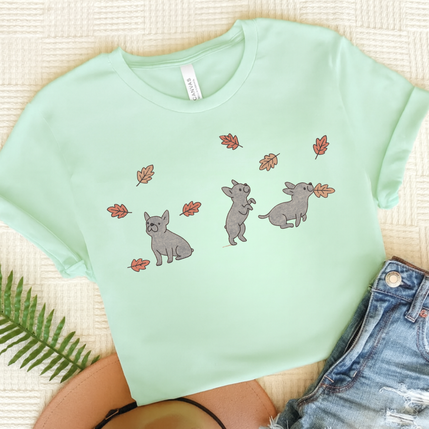 Black Frenchie Chasing Leaves TShirt Heather Mint