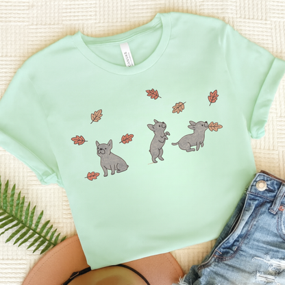 Black Frenchie Chasing Leaves TShirt Heather Mint