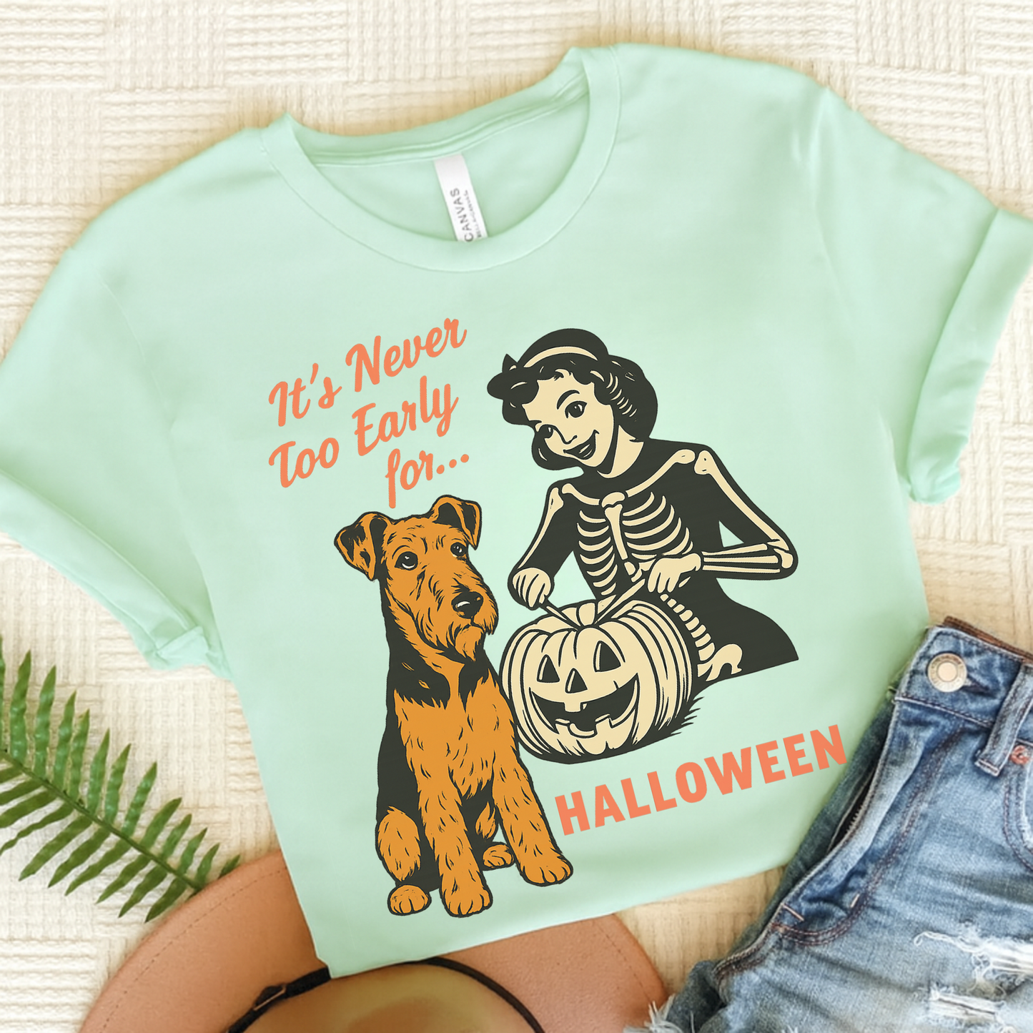 Airedale Terrier Early Halloween TShirt Heather Mint