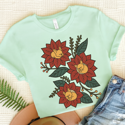 Fawn Frenchie Holiday Flowers Sleeping TShirt Heather Mint