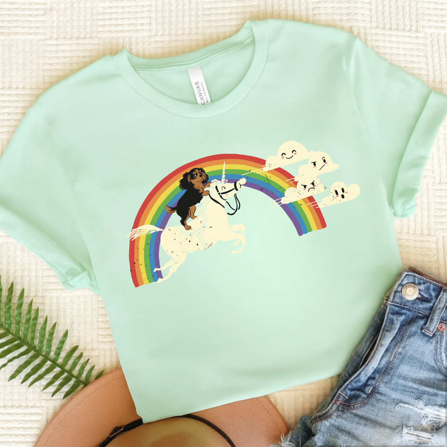 Rainbow Unicorn Black Tan Cavalier Tshirt Heather Mint