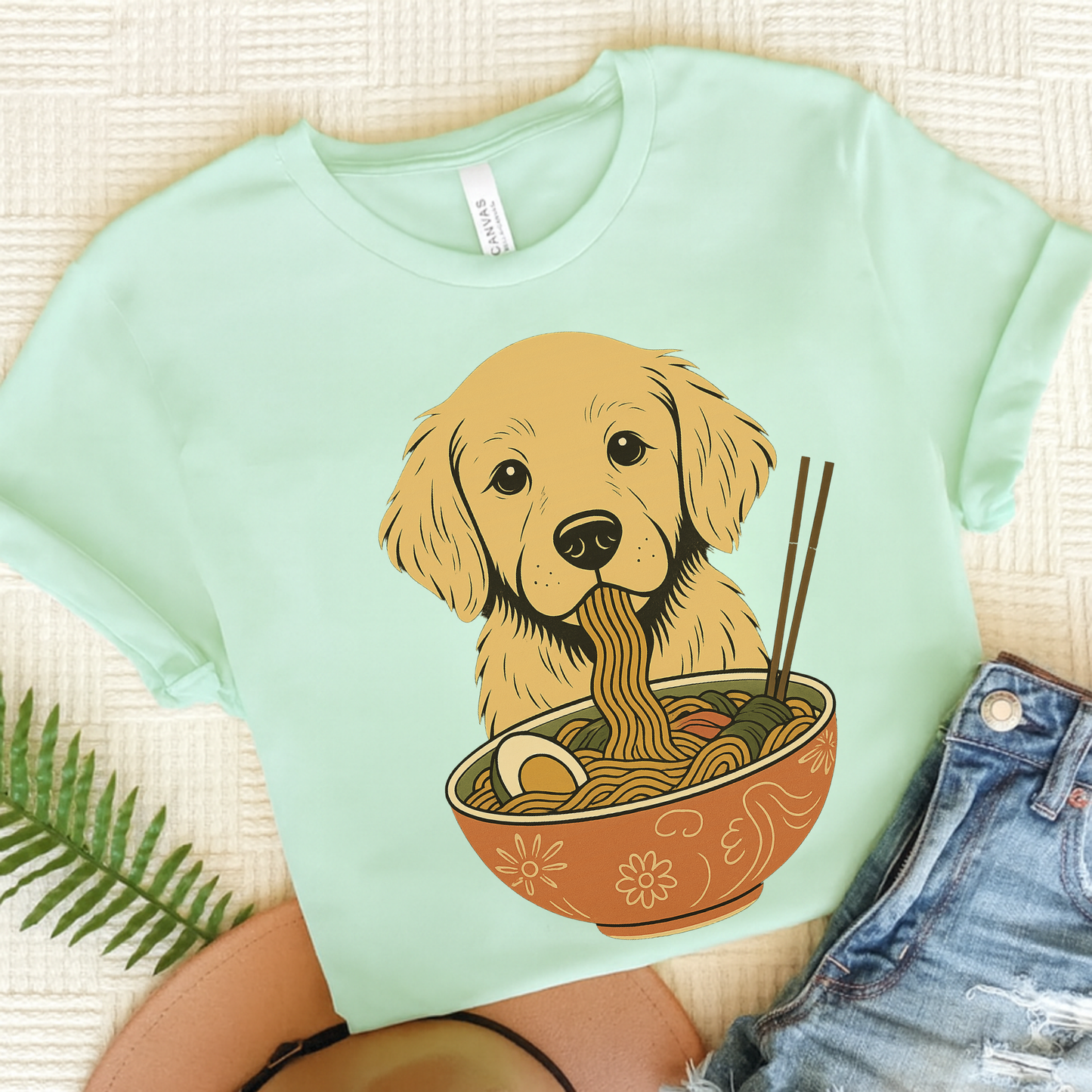 Ramen Golden Retriever Tshirt Heather Mint