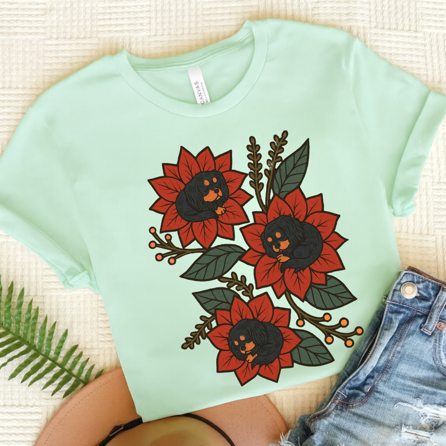 Black Tan Cavalier Holiday Flowers Sleeping TShirt Heather Mint