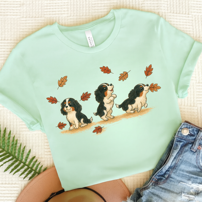 Tricolor Cavalier Chasing Leaves TShirt Heather Mint