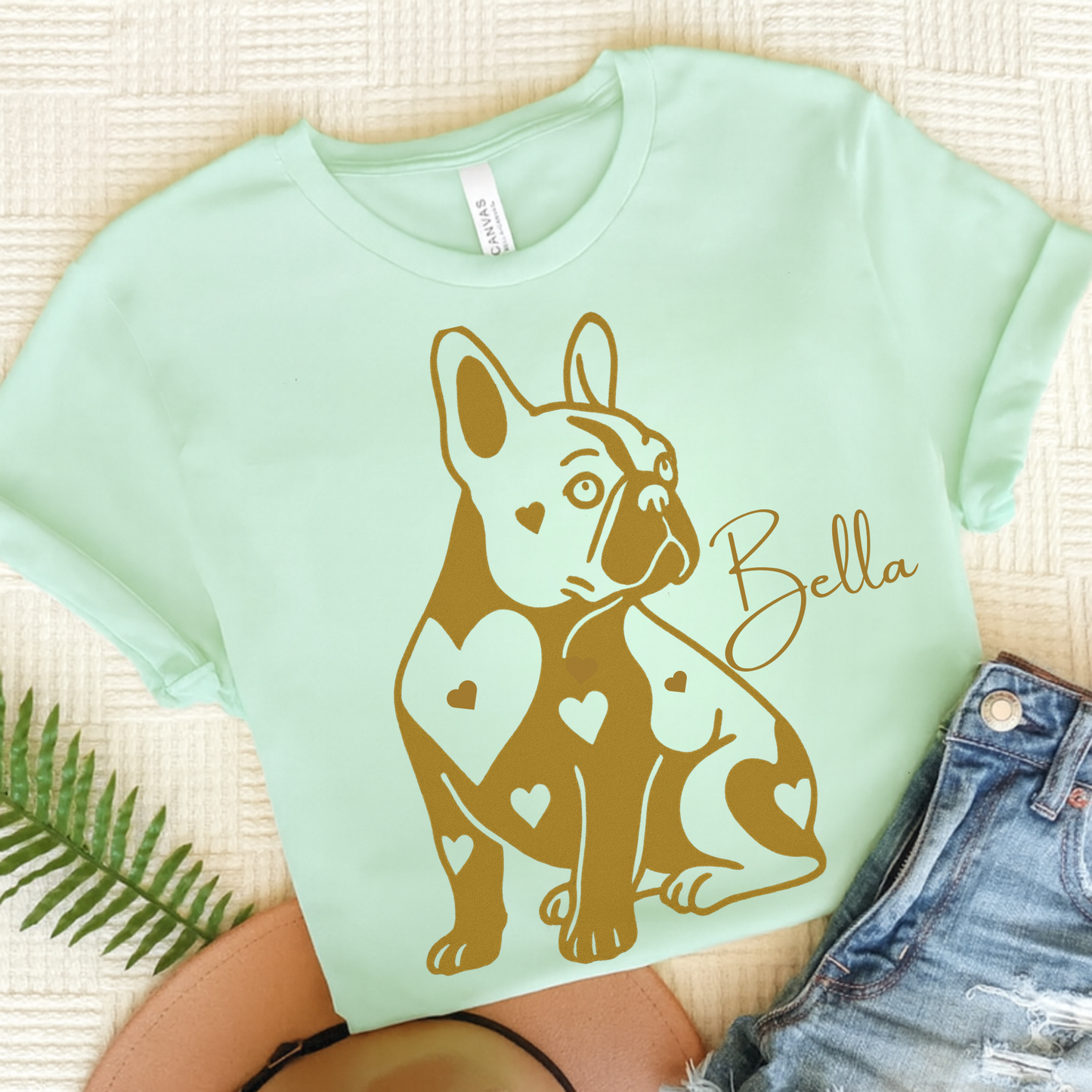 French Bulldog Heart Dog TShirt Heather Mint