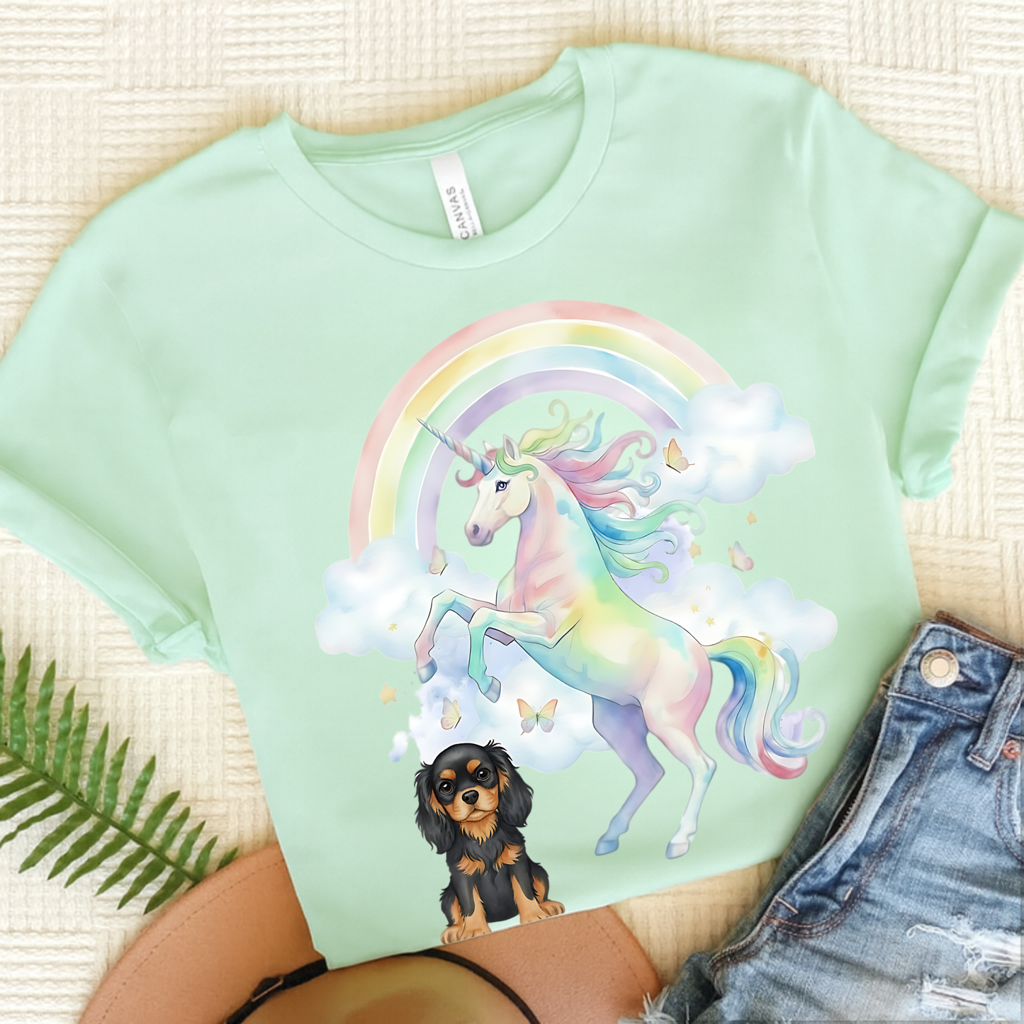 Black Tan Cavalier Watercolor Unicorn Tshirt Heather Mint
