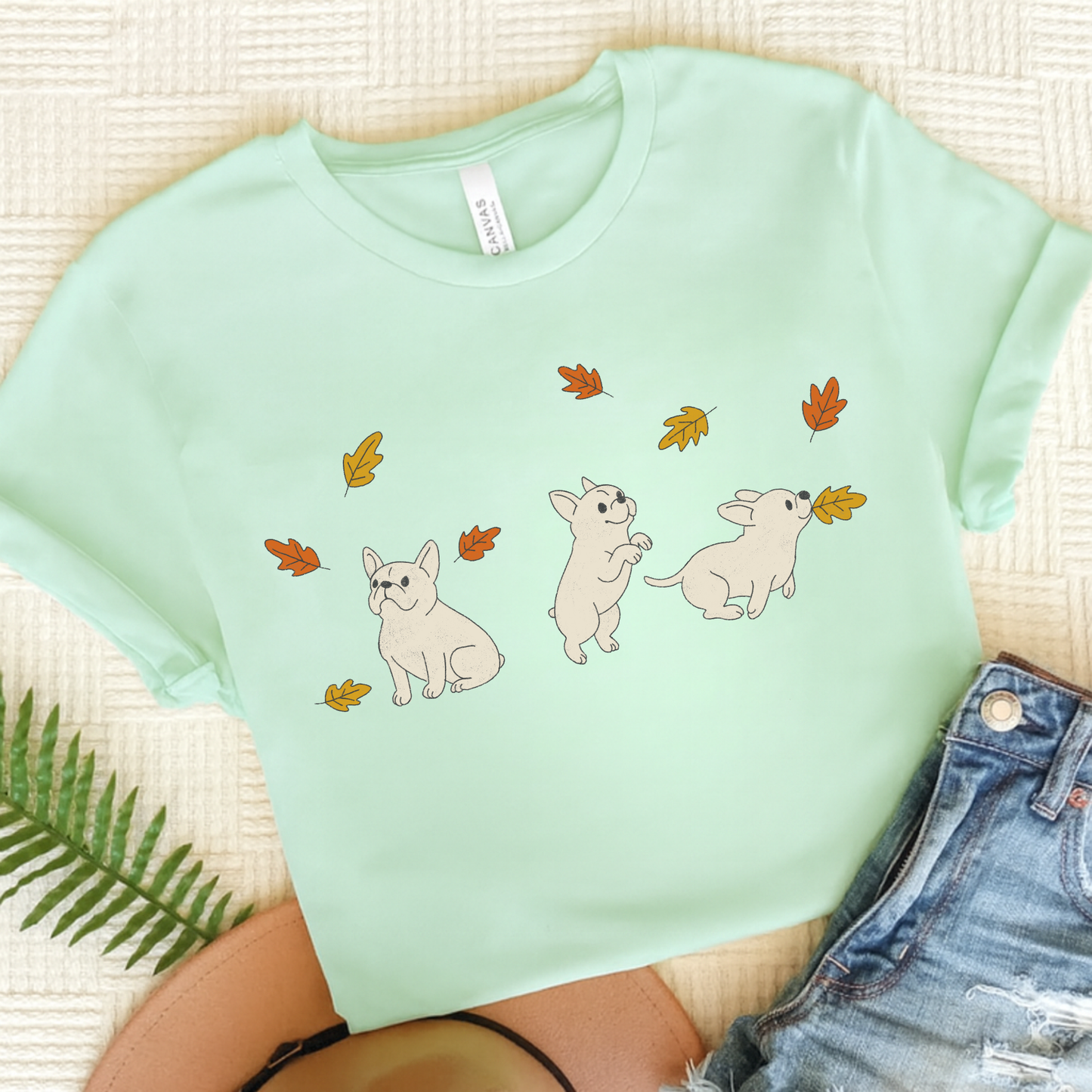 White Frenchie Chasing Leaves TShirt Heather Mint