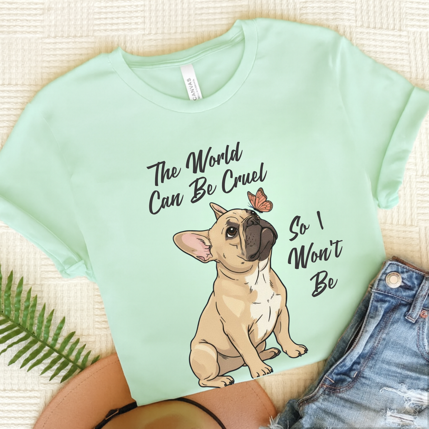 Cruel World Fawn Frenchie Tshirt Heather Mint