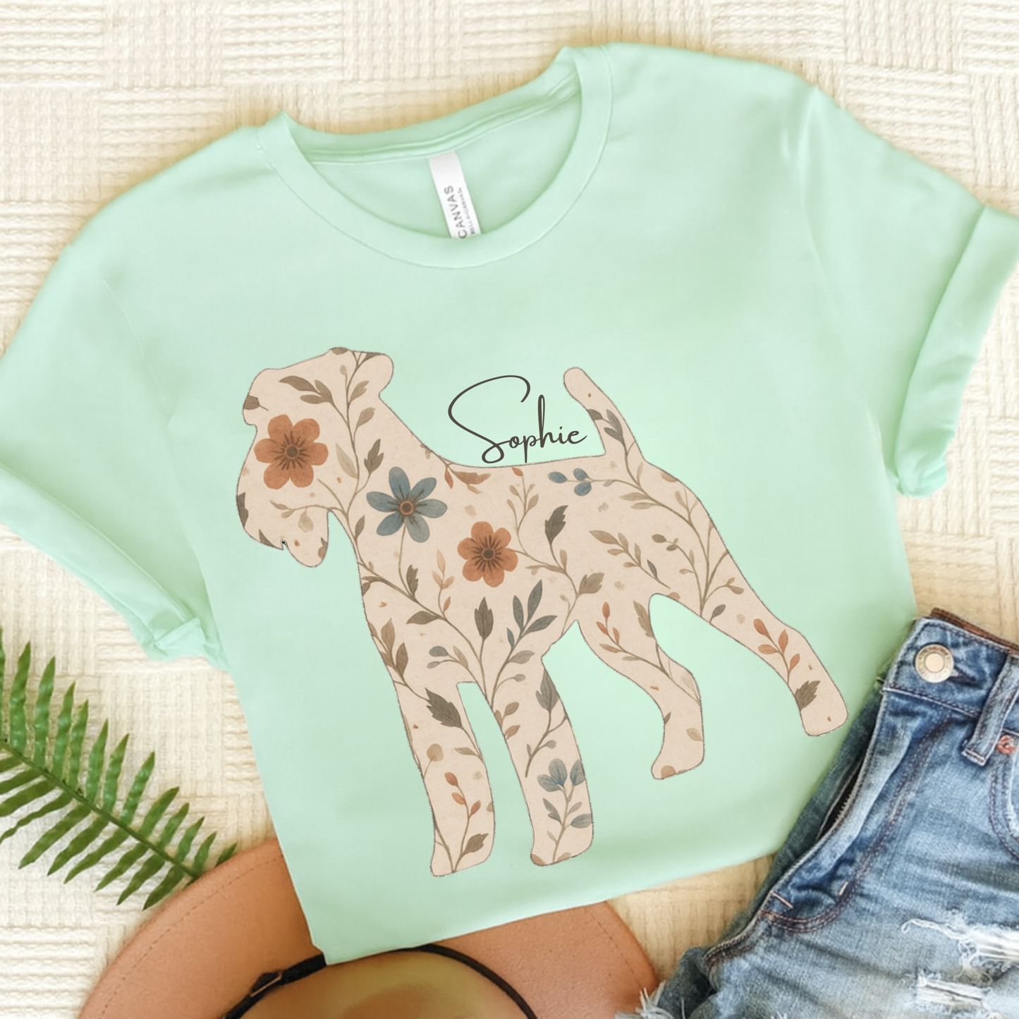 Airedale Terrier Floral Silhouette TShirt Heather Mint