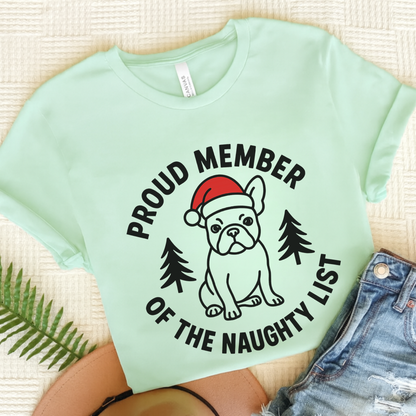 French Bulldog Naughty List TShirt Heather Mint