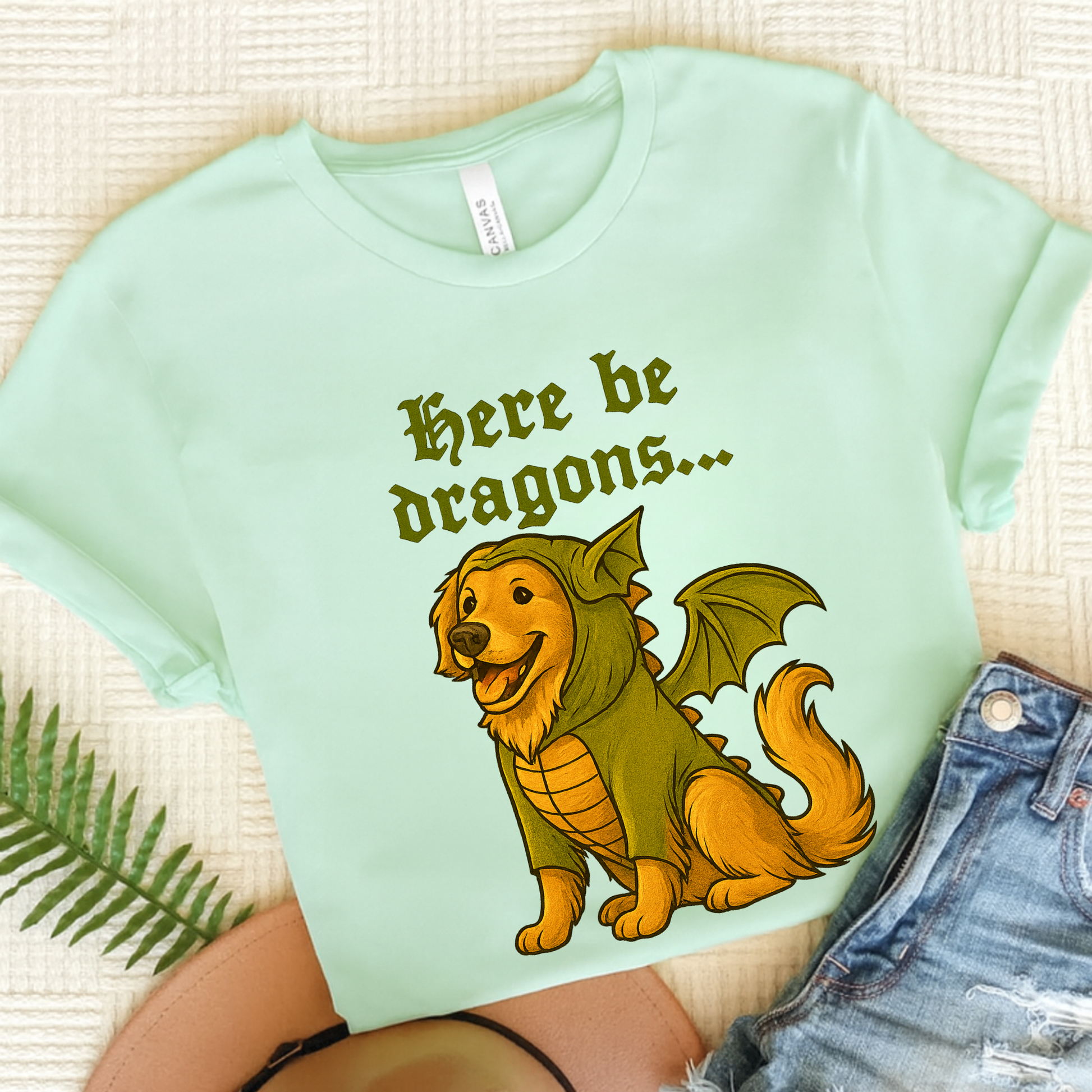 Golden Retriever Here Be Dragons TShirt Heather Mint
