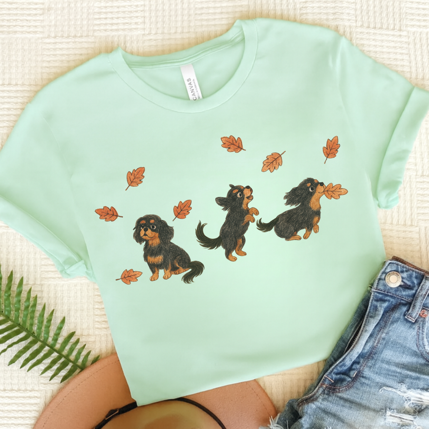 Black Tan Cavalier Chasing Leaves TShirt Heather Mint