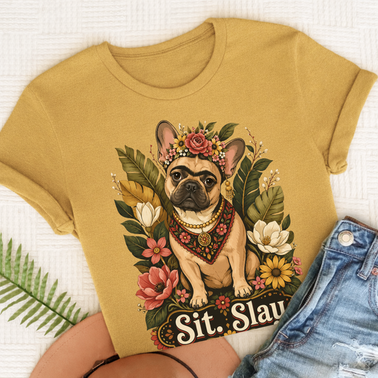 Custom French Bulldog Frida Kahlo Unisex Tshirt Mustard