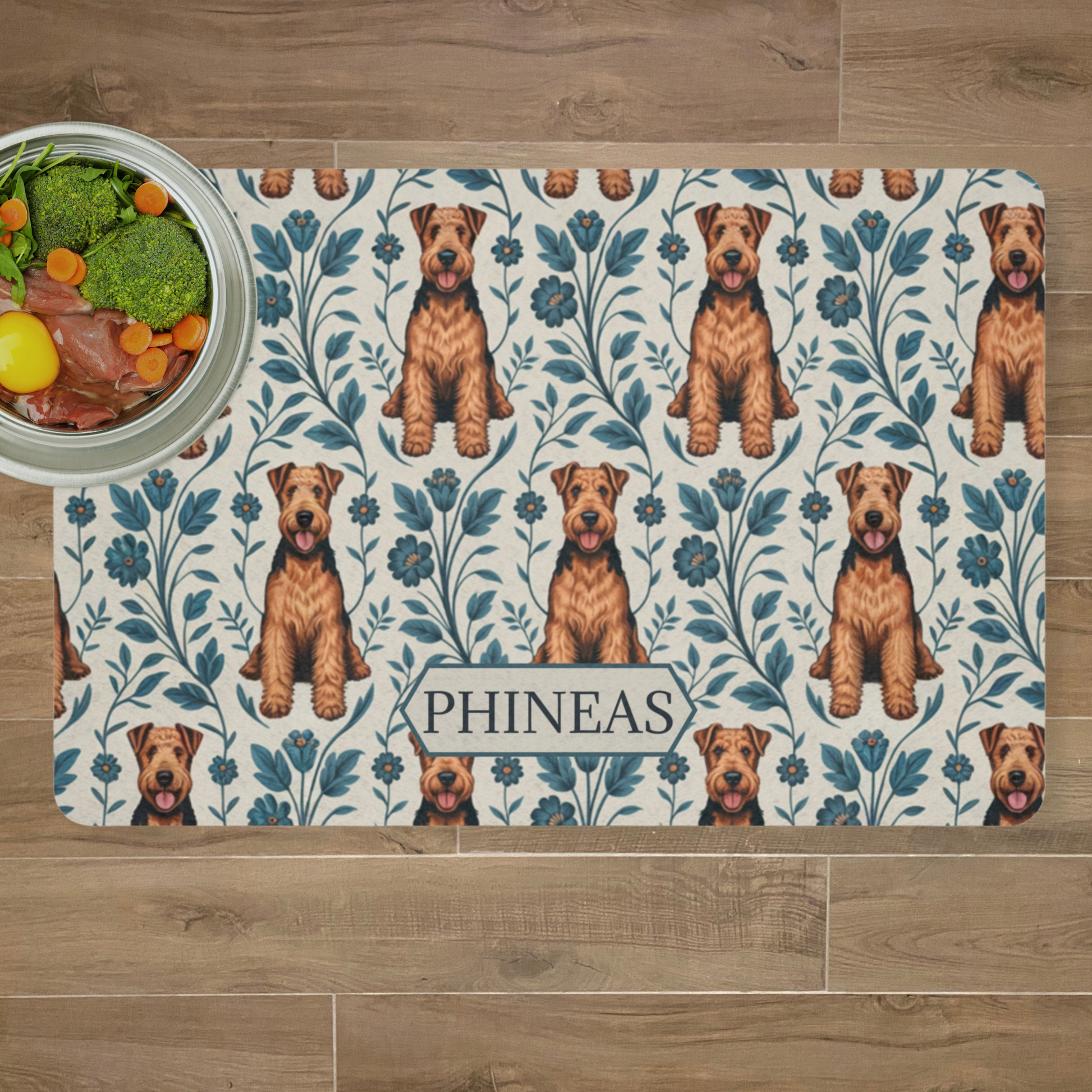 Blue Floral Pattern Airedale Pet Mat 12" × 18" Rectangle
