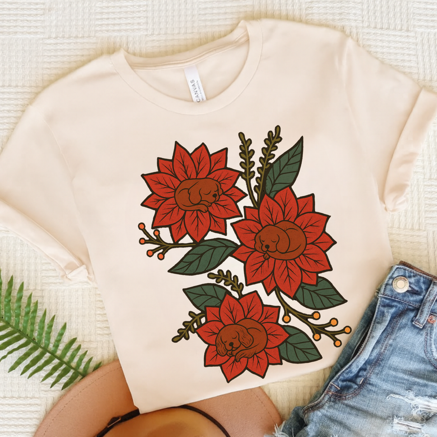 Ruby Cavalier Holiday Flowers Sleeping TShirt Natural