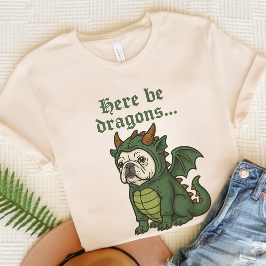 White French Bulldog Here Be Dragons TShirt