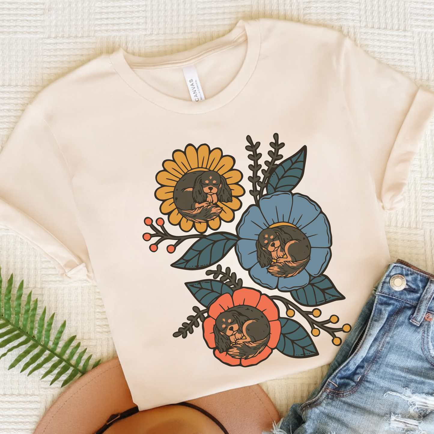 Black Tan Cavalier Sleeping Flowers TShirt Natural