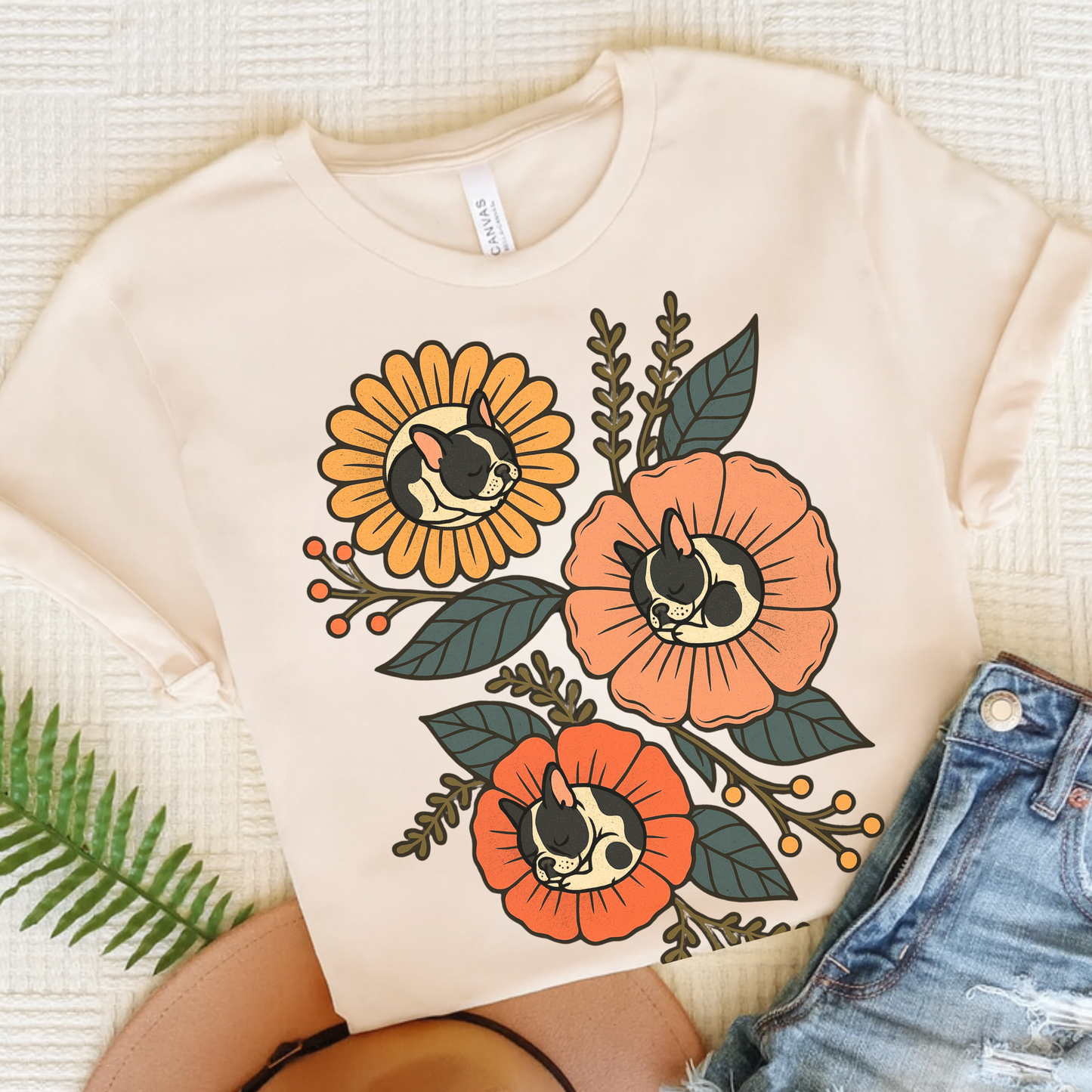 Piebald Frenchie Sleeping Flowers TShirt Natural