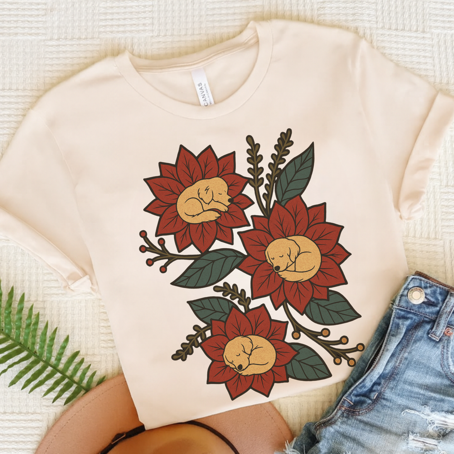 Golden Retriever Holiday Flowers Sleeping TShirt Natural