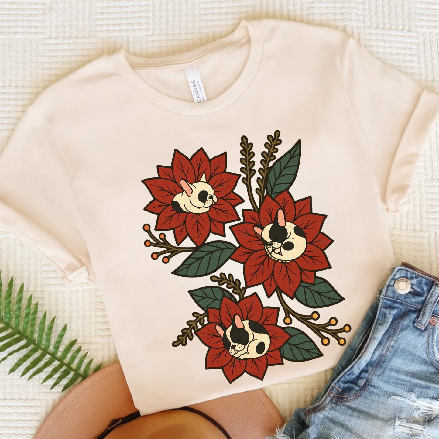 Piebald Frenchie Holiday Flowers Sleeping TShirt Natural