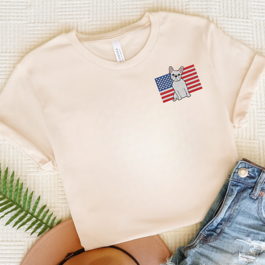 Embroidered Flag White Frenchie TShirt