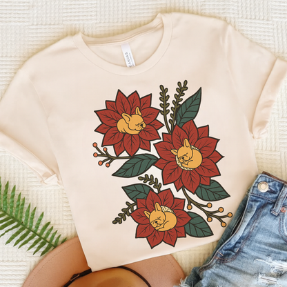 Fawn Frenchie Holiday Flowers Sleeping TShirt Natural