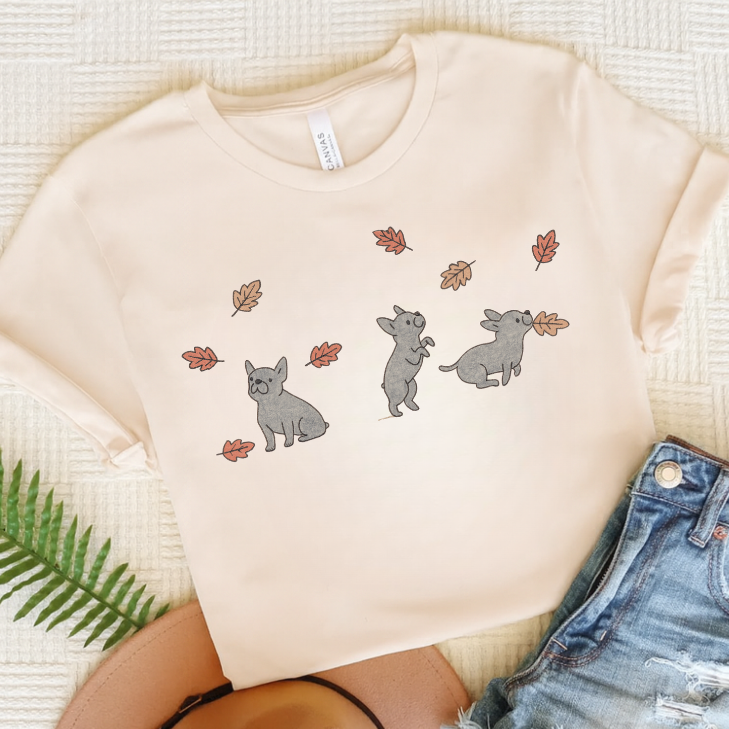Black Frenchie Chasing Leaves TShirt Natural