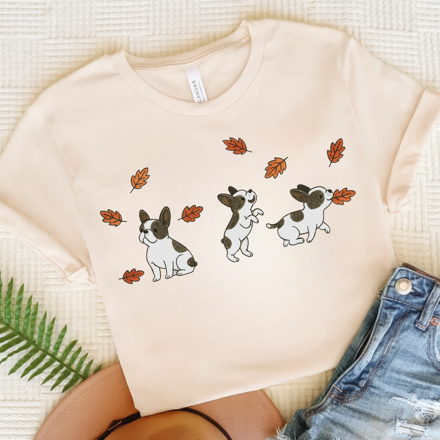Piebald Frenchie Chasing Leaves TShirt Natural