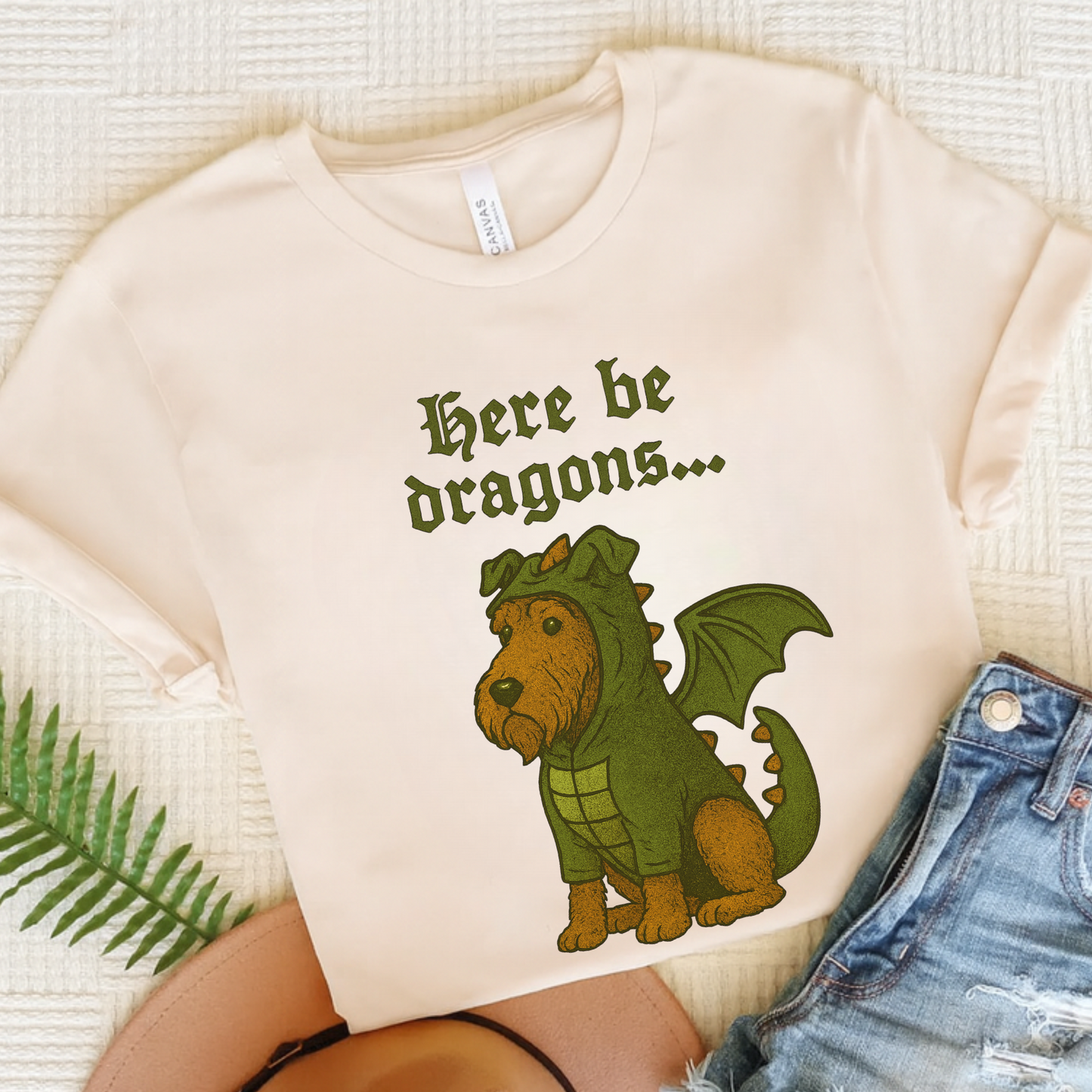 Airedale Terrier Here Be Dragons TShirt Natural