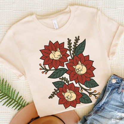 White Frenchie Holiday Flowers Sleeping TShirt Natural