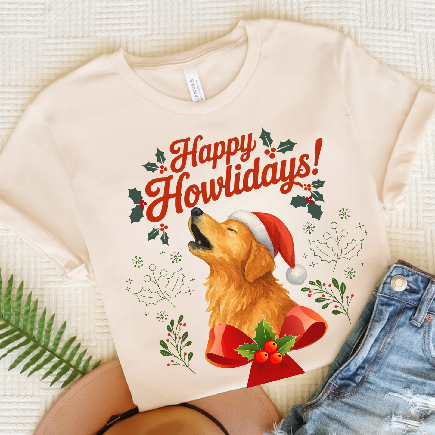 Golden Retriever Happy Howlidays TShirt Natural