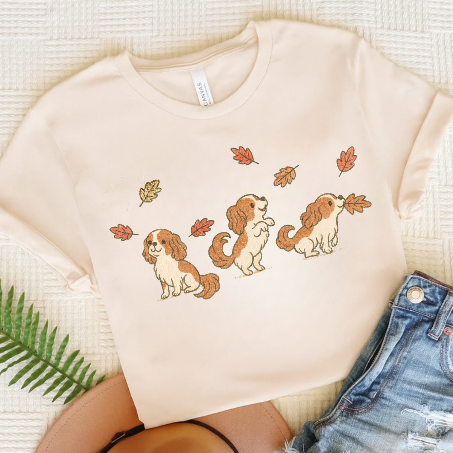 Blenheim Cavalier Chasing Leaves TShirt Natural