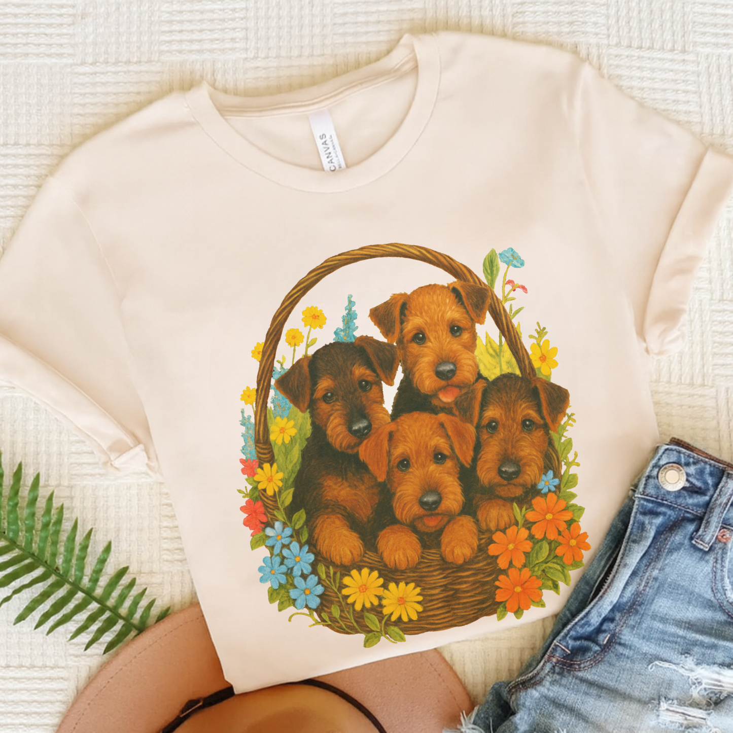Airedale Terrier Puppy Basket TShirt Natural