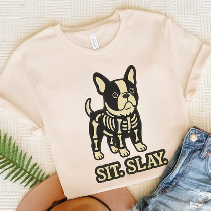 Piebald French Bulldog Stay. Slay. Halloween TShirt