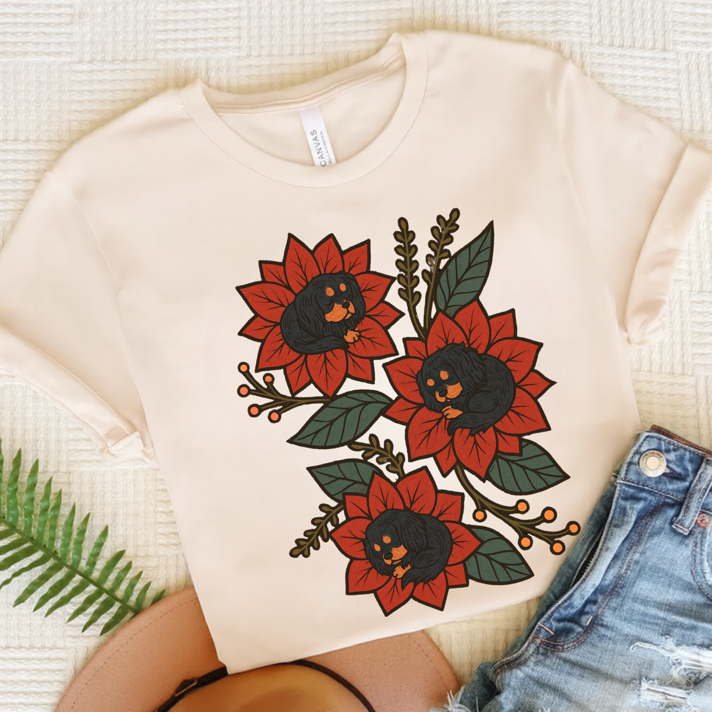Black Tan Cavalier Holiday Flowers Sleeping TShirt Natural