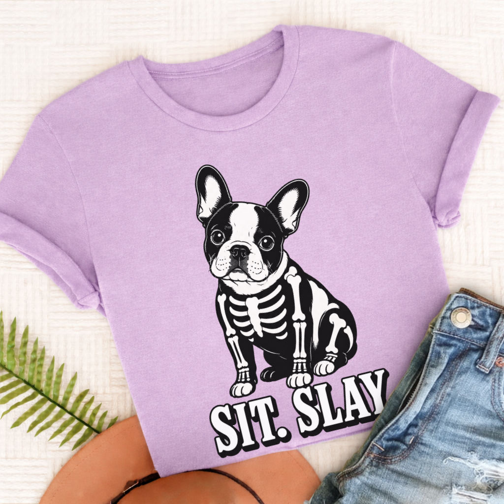 Custom Frenchie Skeleton Halloween Unisex TShirt Orchid