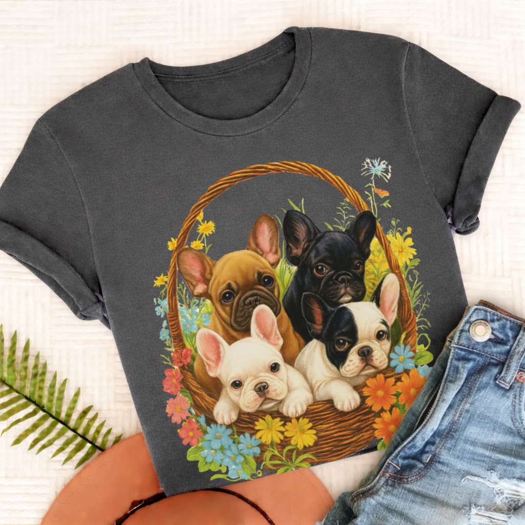 French Bulldog Retro Puppy Basket Unisex TShirt Pepper