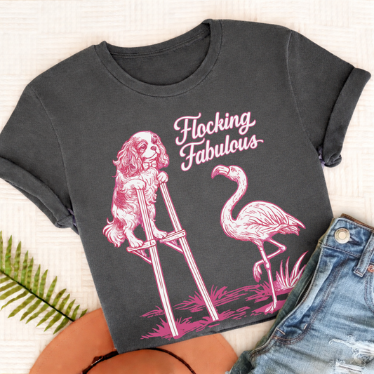 Cavalier King Charles Florida Flamingo Unisex TShirt Comfort Colors Pepper