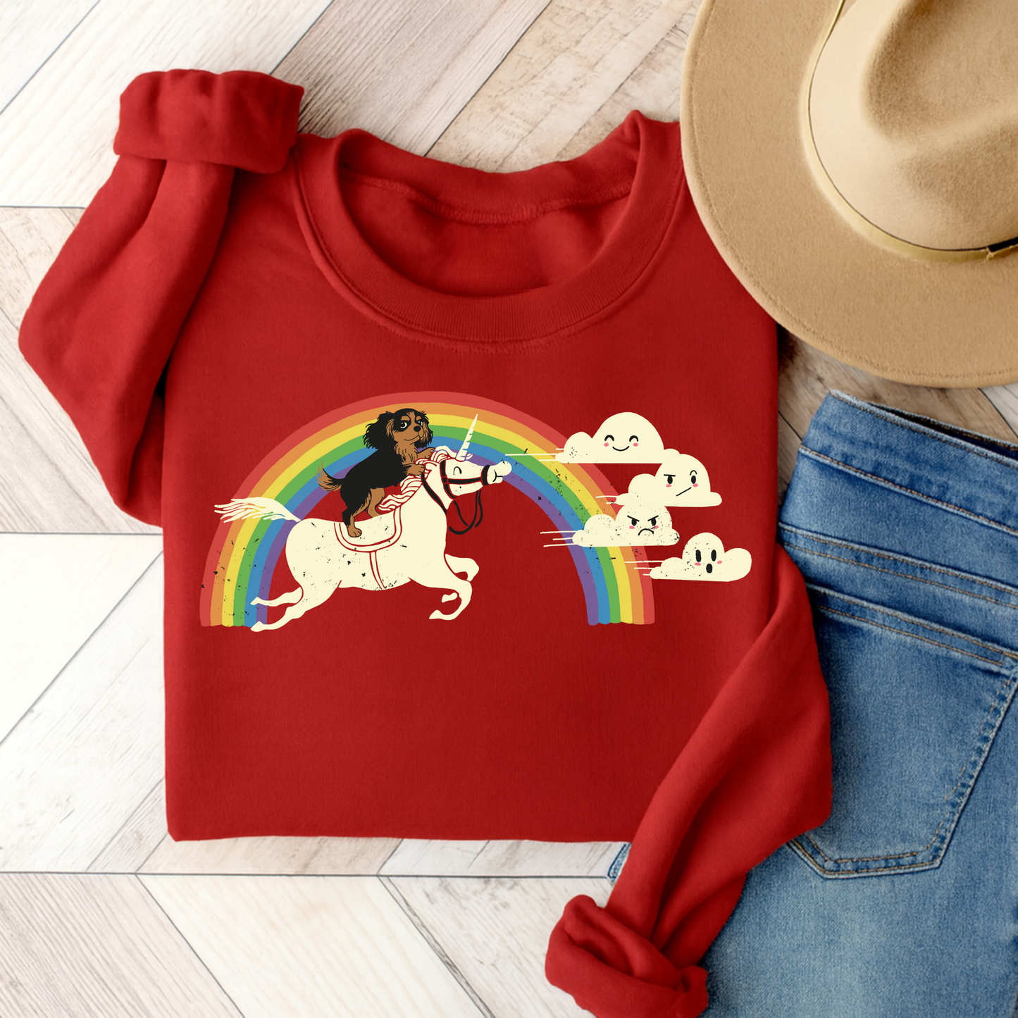 Rainbow and Unicorn Black Tan Cavalier Sweatshirt Red