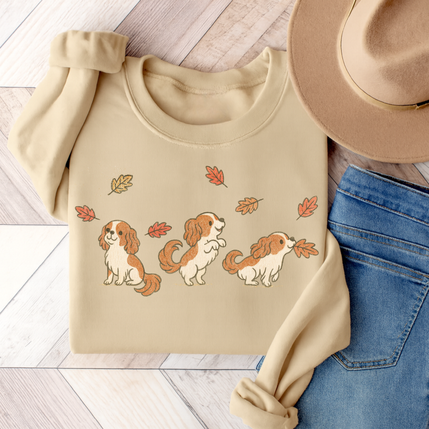 Blenheim Cavalier Chasing Leaves Sweatshirt Sand