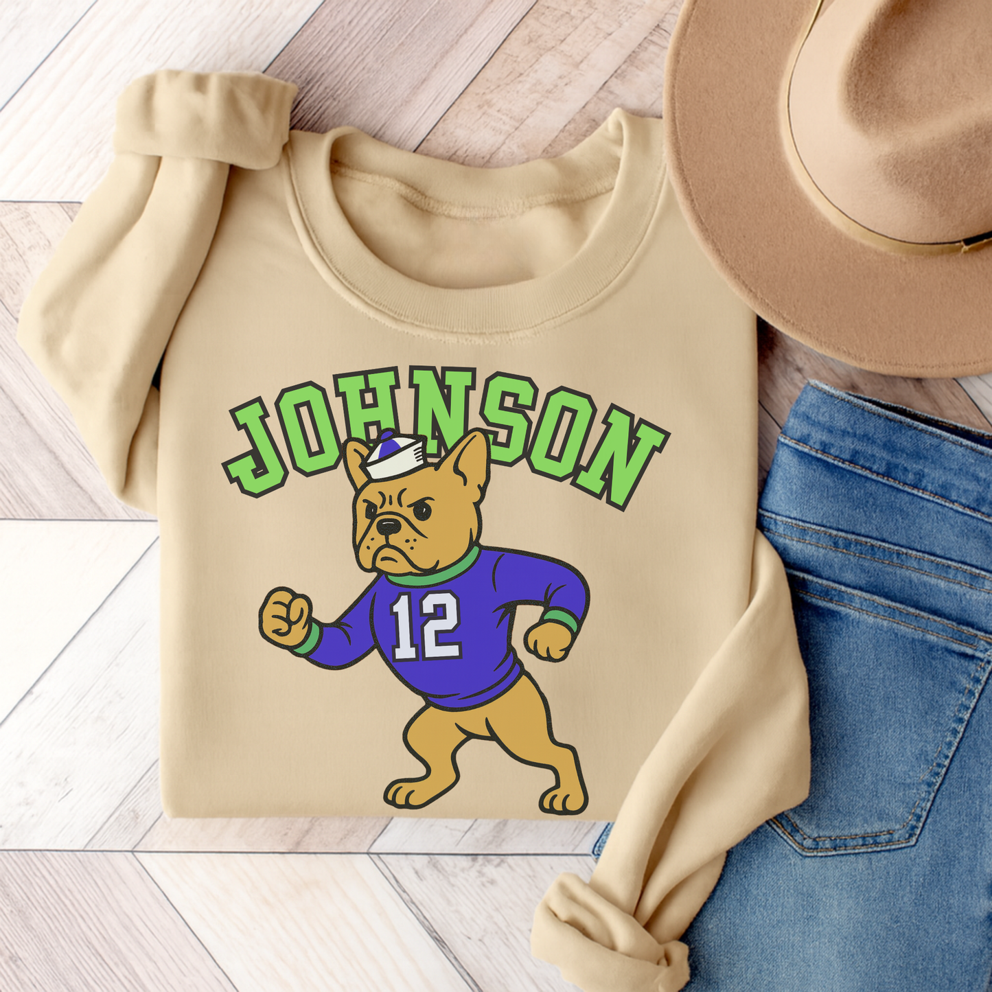 Fawn Frenchie College Mascot Sweatshirt Sand