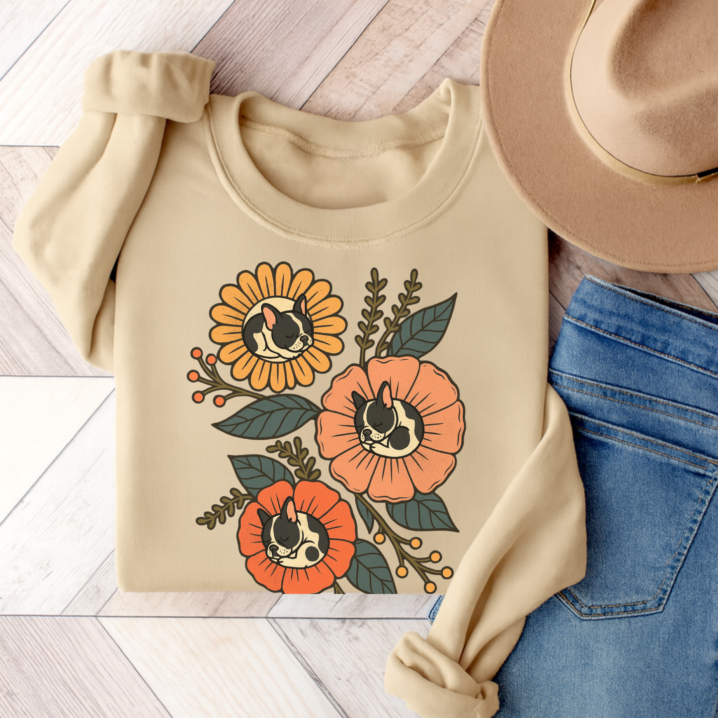 Piebald Frenchie Sleeping Flowers Sweatshirt Sand